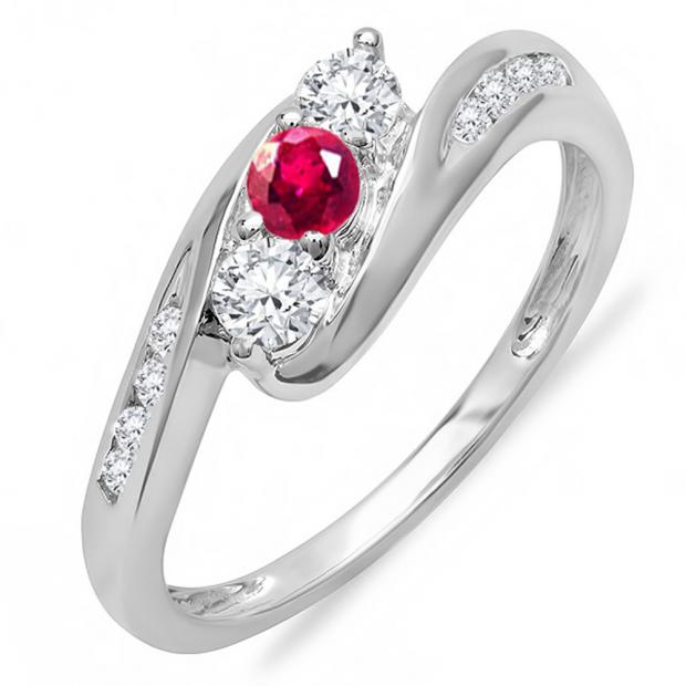 Two Row Diamond & Ruby Band Ring 14K Yellow Gold
