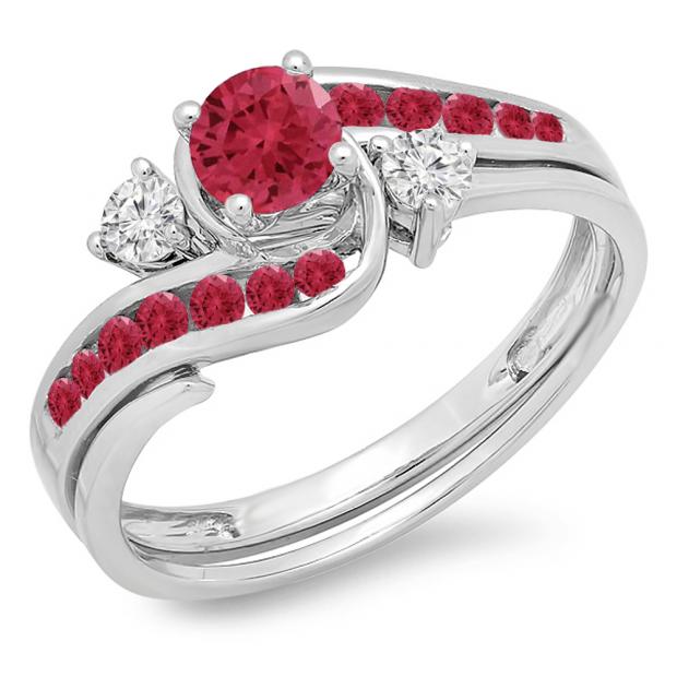0.90 Carat (ctw) 18k White Gold Round Ruby And White Diamond Ladies Swirl Bridal Engagement Ring Matching Band Set