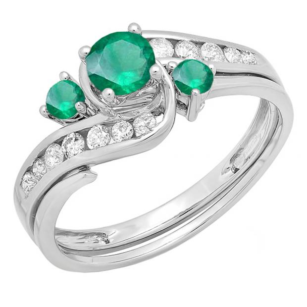 0.90 Carat (ctw) 18k White Gold Round Green Emerald And White Diamond Ladies Swirl Bridal Engagement Ring Matching Band Set