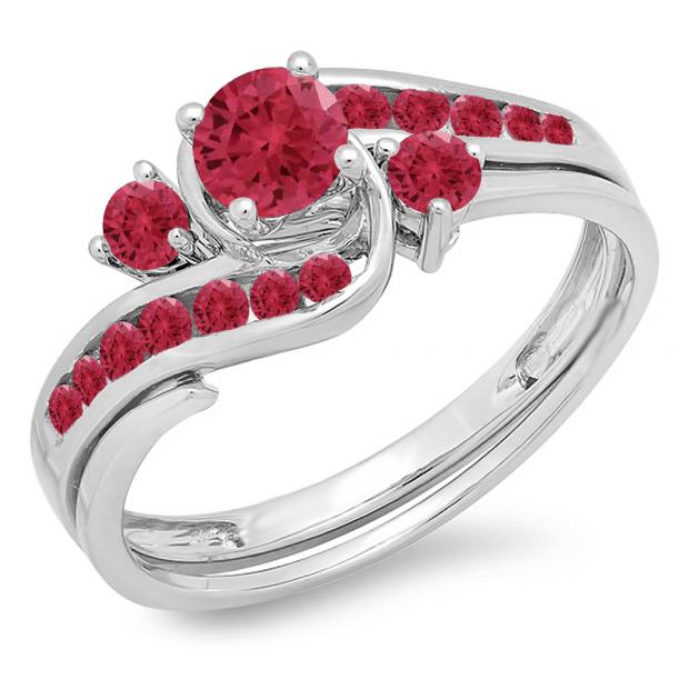 0.90 Carat (ctw) 10k White Gold Round Red Ruby Ladies Swirl Bridal Engagement Ring Matching Band Set