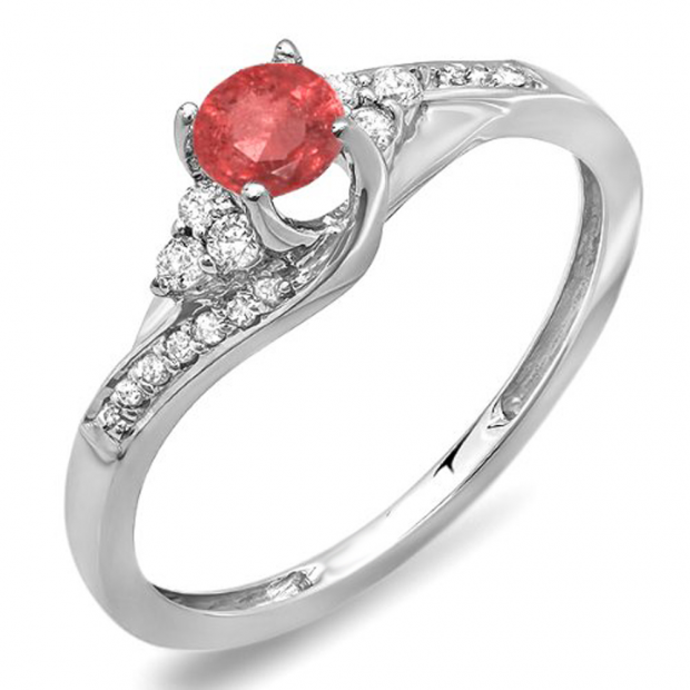 0.38 Carat (ctw) 10k White Gold Round White Diamond And Ruby Ladies Swirl Bridal Engagement Ring