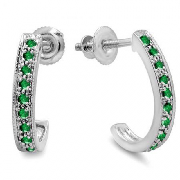 0.20 Carat (ctw) 18K White Gold Round Green Emerald Ladies Hoop Earrings 1/5 CT