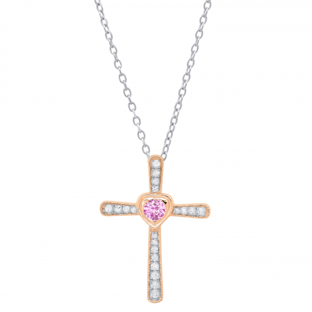 Buy 3.5 mm Round Pink Sapphire & White Diamond Ladies Heart Cross
