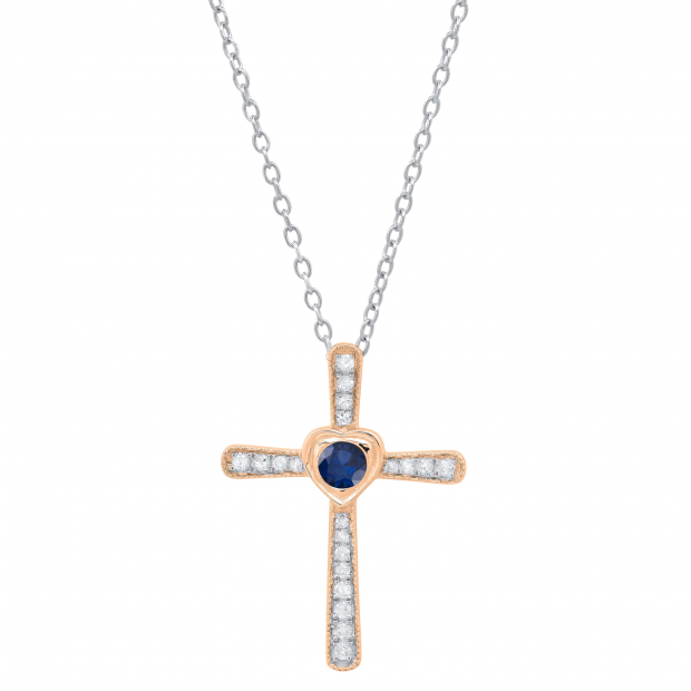 3.5 mm Round Blue Sapphire & White Diamond Ladies Heart Cross