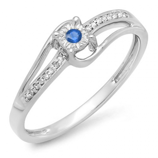 0.10 Carat (ctw) 14k White Gold Round White Diamond & Blue Sapphire Wave Ladies Bridal Promise Engagement Ring 1/5 CT