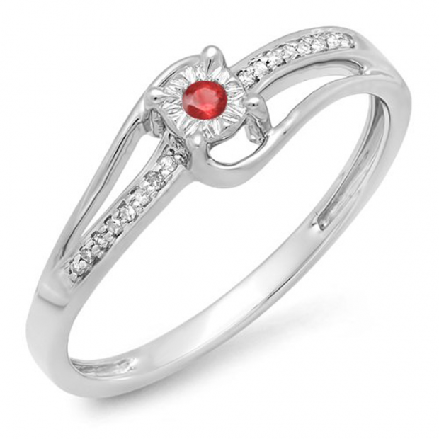 0.10 Carat (ctw) 10k White Gold Round White Diamond & Ruby Wave Ladies Bridal Promise Engagement Ring 1/5 CT