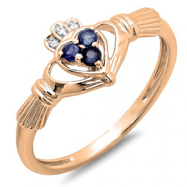 0.15 Carat (ctw) 14k Rose Gold Round Diamond and Blue Sapphire Ladies Bridal Promise Irish Love and Friendship Band Claddagh Heart Shape Ring