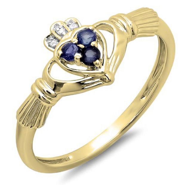 0.15 Carat (ctw) 14k Yellow Gold Round Diamond and Blue Sapphire Ladies Bridal Promise Irish Love and Friendship Band Claddagh Heart Shape Ring