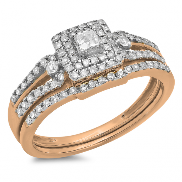 0.50 Carat (ctw) 10k Rose Gold Round & Princess Diamond Ladies Bridal Engagement Ring Matching Band Set 1/2 CT