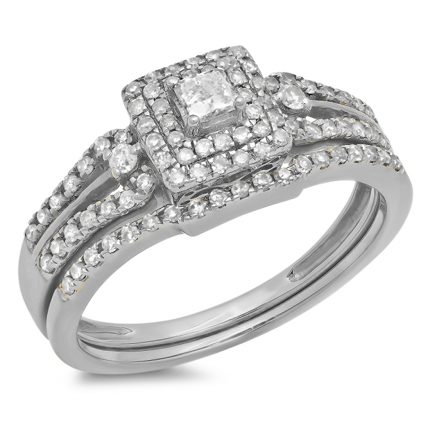 0.50 Carat (ctw) 10k White Gold Round & Princess Diamond Ladies Bridal Engagement Ring Matching Band Set 1/2 CT