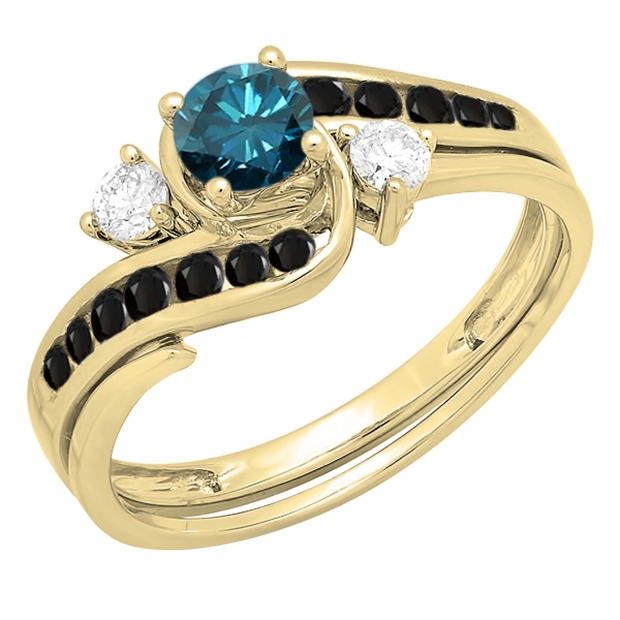 0.90 Carat (ctw) 10K Yellow Gold Round Blue Black & White Diamond Ladies Swirl Bridal Engagement Ring Matching Band Set