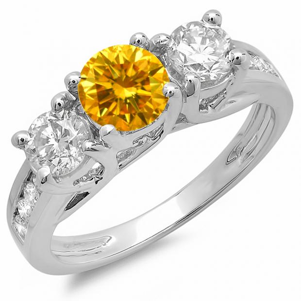 2.00 Carat (ctw) 18K White Gold Round Cut Yellow & White Diamond Ladies Bridal 3 Stone Engagement Ring 2 ct