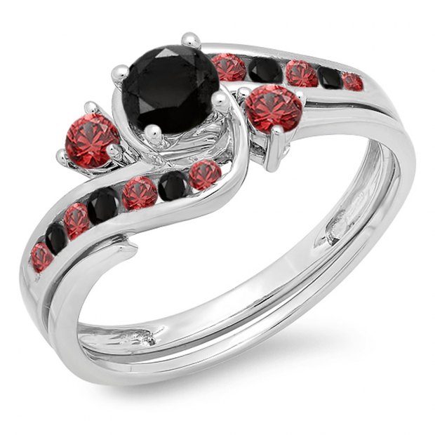 0.90 Carat (ctw) 18K White Gold Round Black Diamond & Red Ruby Ladies Swirl Bridal Engagement Ring Matching Band Set