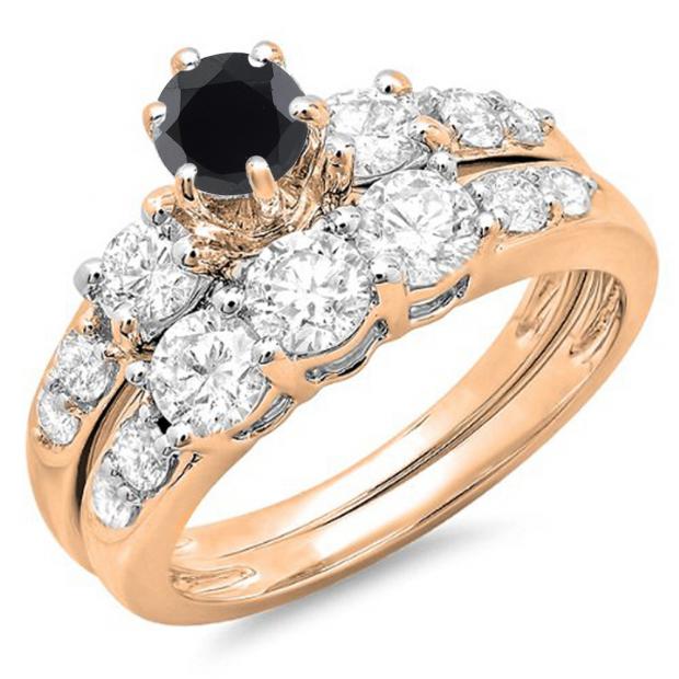 2.00 Carat (ctw) 18k Rose Gold Round Black & White Diamond Ladies 3 Stone Bridal Engagement Ring Matching Band Set 2 CT