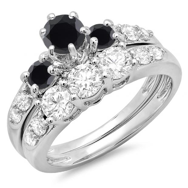 2.00 Carat (ctw) 14k White Gold Round Black & White Diamond Ladies 3 Stone Bridal Engagement Ring Matching Band Set 2 CT