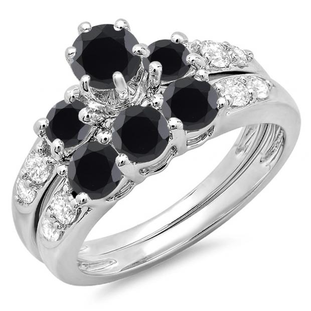 2.00 Carat (ctw) 14k White Gold Round Black & White Diamond Ladies 3 Stone Bridal Engagement Ring Matching Band Set 2 CT