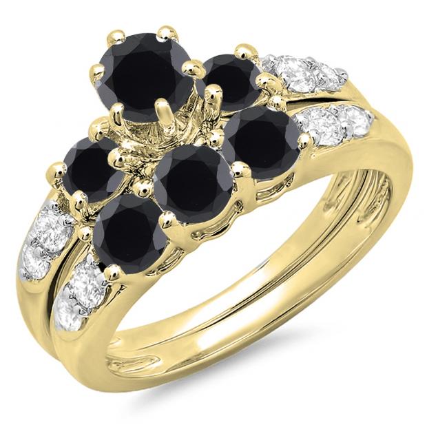 2.00 Carat (ctw) 18k Yellow Gold Round Black & White Diamond Ladies 3 Stone Bridal Engagement Ring Matching Band Set 2 CT