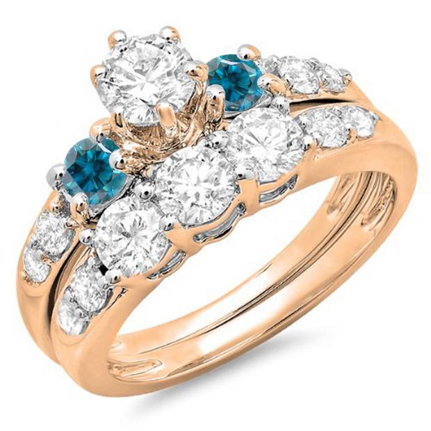 2.00 Carat (ctw) 10k Rose Gold Round Blue & White Diamond Ladies 3 Stone Bridal Engagement Ring Matching Band Set 2 CT