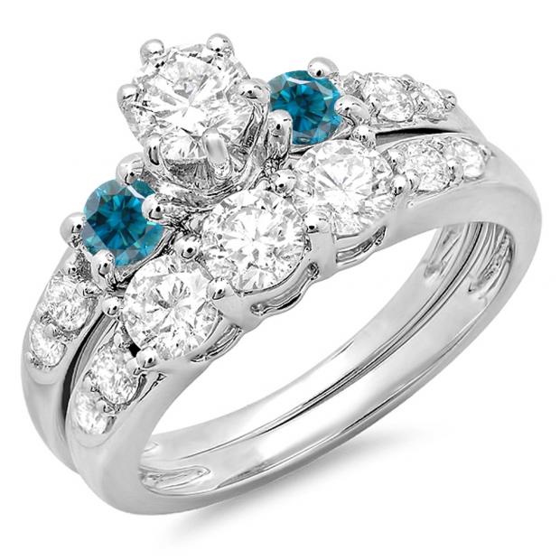 2.00 Carat (ctw) 10k White Gold Round Blue & White Diamond Ladies 3 Stone Bridal Engagement Ring Matching Band Set 2 CT