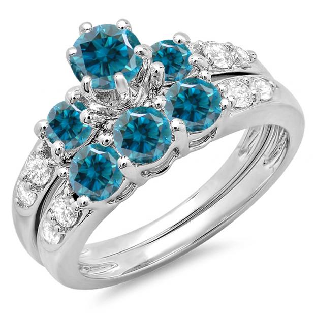 2.00 Carat (ctw) 10k White Gold Round Blue & White Diamond Ladies 3 Stone Bridal Engagement Ring Matching Band Set 2 CT