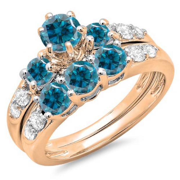 2.00 Carat (ctw) 18k Rose Gold Round Blue & White Diamond Ladies 3 Stone Bridal Engagement Ring Matching Band Set 2 CT