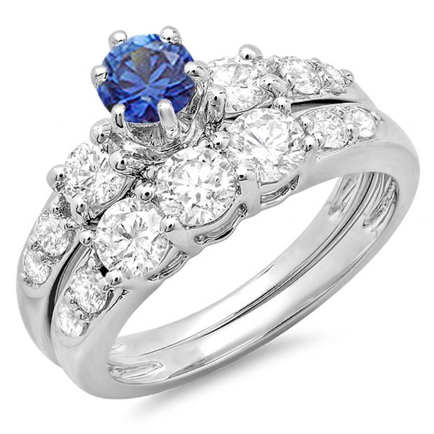 2.00 Carat (ctw) 18k White Gold Round Blue Sapphire & White Diamond Ladies 3 Stone Bridal Engagement Ring Matching Band Set 2 CT