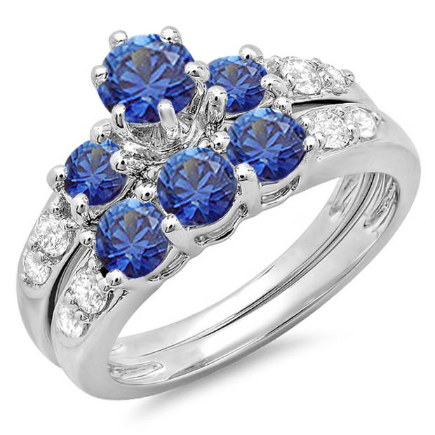 2.00 Carat (ctw) 18k White Gold Round Blue Sapphire & White Diamond Ladies 3 Stone Bridal Engagement Ring Matching Band Set 2 CT