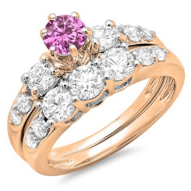 2.00 Carat (ctw) 18k Rose Gold Round Pink Sapphire & White Diamond Ladies 3 Stone Bridal Engagement Ring Matching Band Set 2 CT