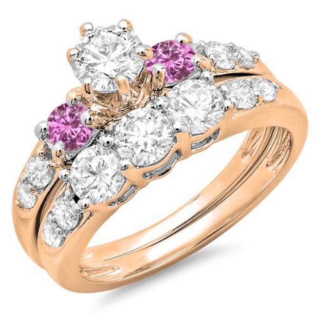 2.00 Carat (ctw) 14k Rose Gold Round Pink Sapphire & White Diamond Ladies 3 Stone Bridal Engagement Ring Matching Band Set 2 CT