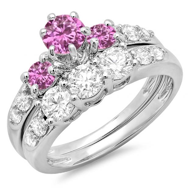2.00 Carat (ctw) 18k White Gold Round Pink Sapphire & White Diamond Ladies 3 Stone Bridal Engagement Ring Matching Band Set 2 CT