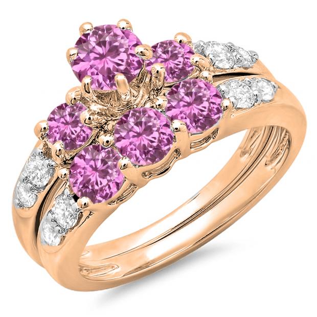 2.00 Carat (ctw) 10k Rose Gold Round Pink Sapphire & White Diamond Ladies 3 Stone Bridal Engagement Ring Matching Band Set 2 CT