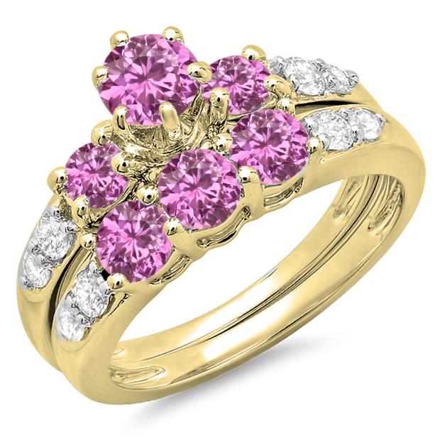 2.00 Carat (ctw) 10k Yellow Gold Round Pink Sapphire & White Diamond Ladies 3 Stone Bridal Engagement Ring Matching Band Set 2 CT