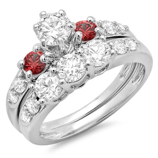 2.00 Carat (ctw) 18k White Gold Round Red Ruby & White Diamond Ladies 3 Stone Bridal Engagement Ring Matching Band Set 2 CT