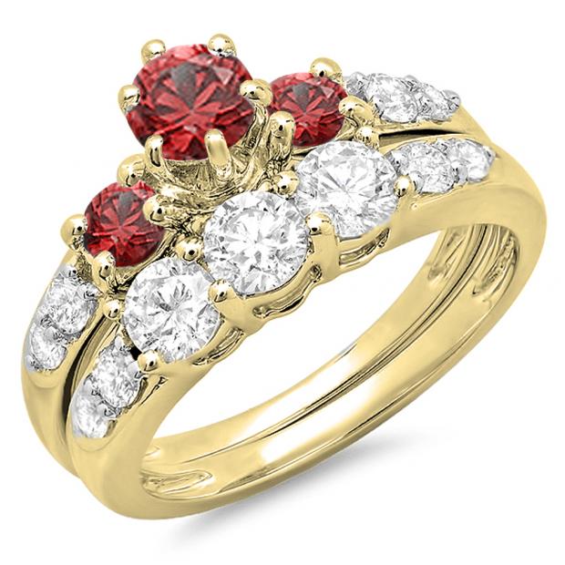 2.00 Carat (ctw) 10k Yellow Gold Round Red Ruby & White Diamond Ladies 3 Stone Bridal Engagement Ring Matching Band Set 2 CT