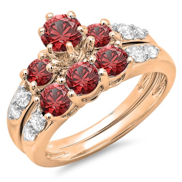 2.00 Carat (ctw) 14k Rose Gold Round Red Ruby & White Diamond Ladies 3 Stone Bridal Engagement Ring Matching Band Set 2 CT