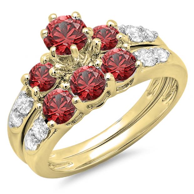 2.00 Carat (ctw) 14k Yellow Gold Round Red Ruby & White Diamond Ladies 3 Stone Bridal Engagement Ring Matching Band Set 2 CT