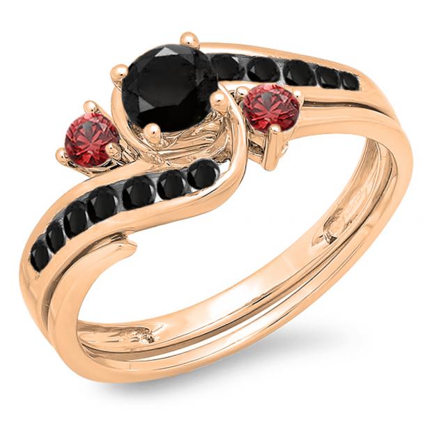0.90 Carat (ctw) 10K Rose Gold Round Black Diamond & Ruby Side Stones Ladies Swirl Bridal Engagement Ring Matching Band Set