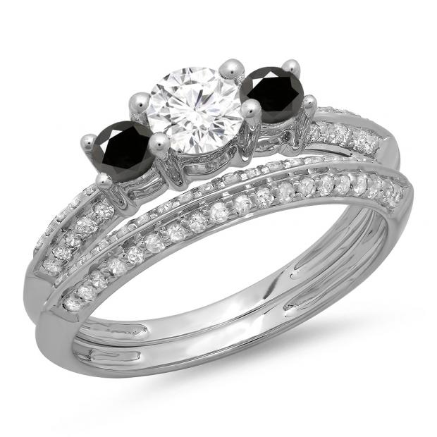 1.05 Carat (ctw) 10K White Gold Round Cut Black & White Diamond Ladies 3 Stone Bridal Engagement Ring With Matching Band Set 1 CT