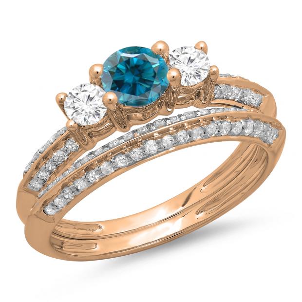 1.05 Carat (ctw) 18K Rose Gold Round Cut Blue & White Diamond Ladies 3 Stone Bridal Engagement Ring With Matching Band Set 1 CT