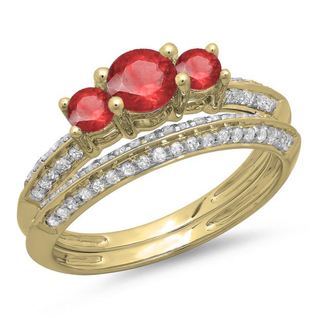 1.05 Carat (ctw) 14K Yellow Gold Round Cut Red Ruby & White Diamond Ladies 3 Stone Bridal Engagement Ring With Matching Band Set 1 CT