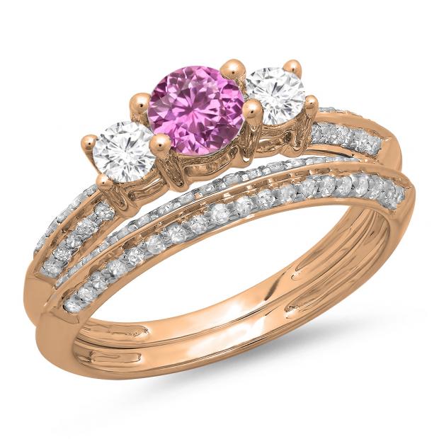 1.05 Carat (ctw) 10K Rose Gold Round Cut Pink Sapphire & White Diamond Ladies 3 Stone Bridal Engagement Ring With Matching Band Set 1 CT