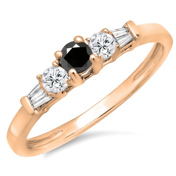 0.45 Carat (ctw) 10K Rose Gold Round & Baguette Cut White & Black Diamond Ladies 3 Stone Engagement Bridal Ring