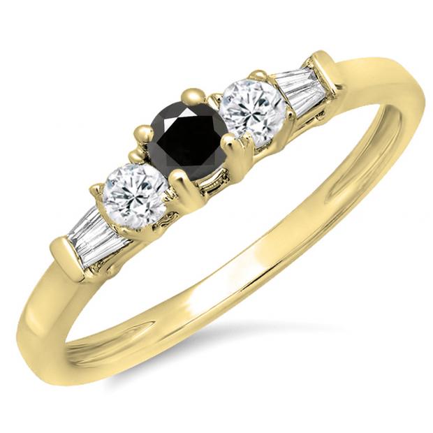 0.45 Carat (ctw) 18K Yellow Gold Round & Baguette Cut White & Black Diamond Ladies 3 Stone Engagement Bridal Ring