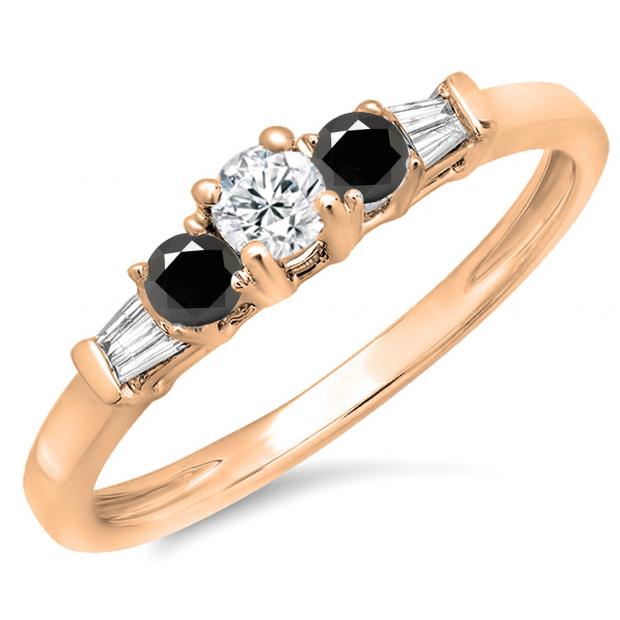 0.45 Carat (ctw) 14K Rose Gold Round & Baguette Cut White & Black Diamond Ladies 3 Stone Engagement Bridal Ring