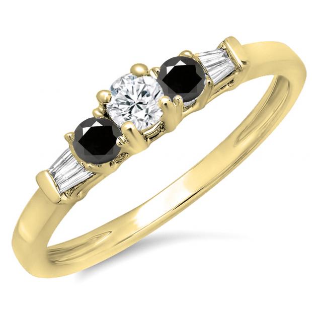 0.45 Carat (ctw) 14K Yellow Gold Round & Baguette Cut White & Black Diamond Ladies 3 Stone Engagement Bridal Ring