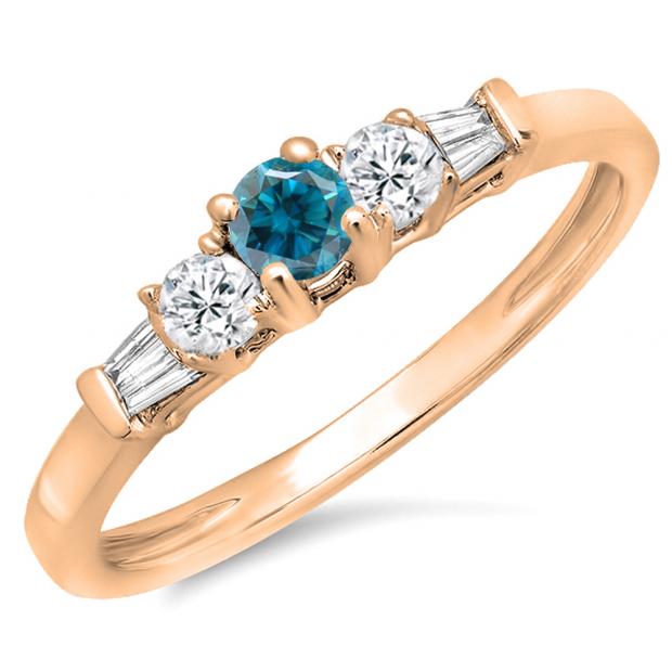 0.45 Carat (ctw) 18K Rose Gold Round & Baguette Cut White & Blue Diamond Ladies 3 Stone Engagement Bridal Ring