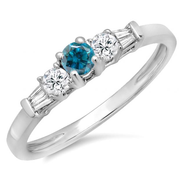 0.45 Carat (ctw) 18K White Gold Round & Baguette Cut White & Blue Diamond Ladies 3 Stone Engagement Bridal Ring