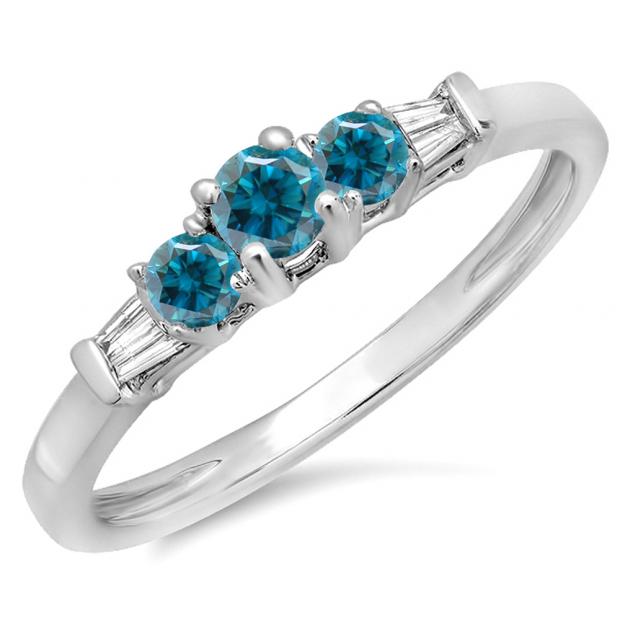 0.45 Carat (ctw) 10K White Gold Round & Baguette Cut White & Blue Diamond Ladies 3 Stone Engagement Bridal Ring