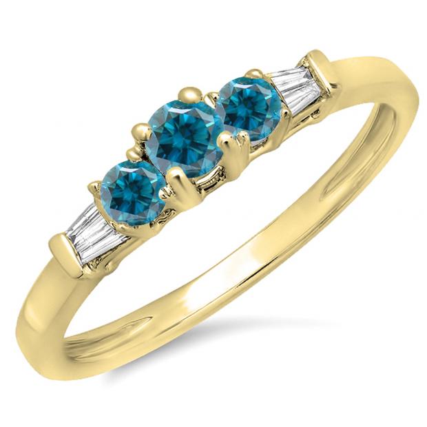 0.45 Carat (ctw) 10K Yellow Gold Round & Baguette Cut White & Blue Diamond Ladies 3 Stone Engagement Bridal Ring