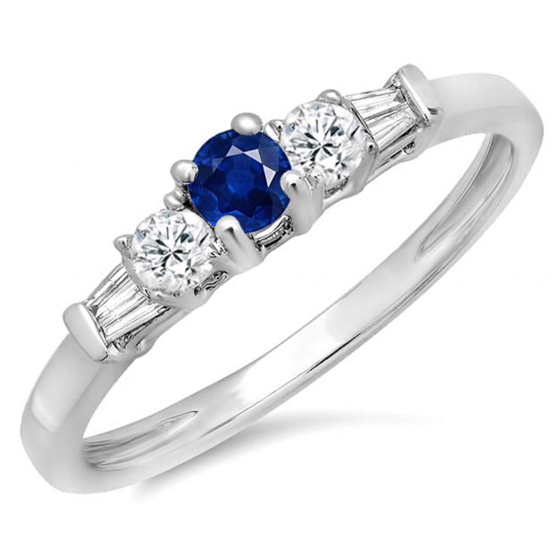 0.45 Carat (ctw) 18K White Gold Round & Baguette Cut Blue Sapphire & White Diamond Ladies 3 Stone Engagement Bridal Ring